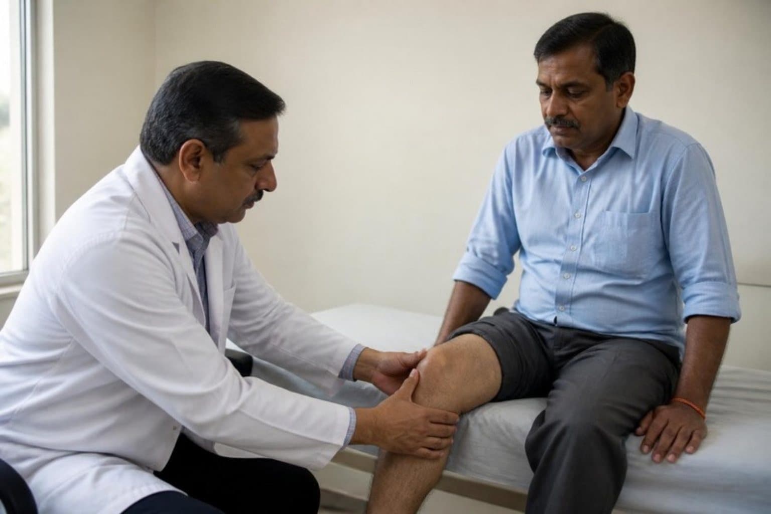 Representative image: an orthopaedic doctor examining a man's knee