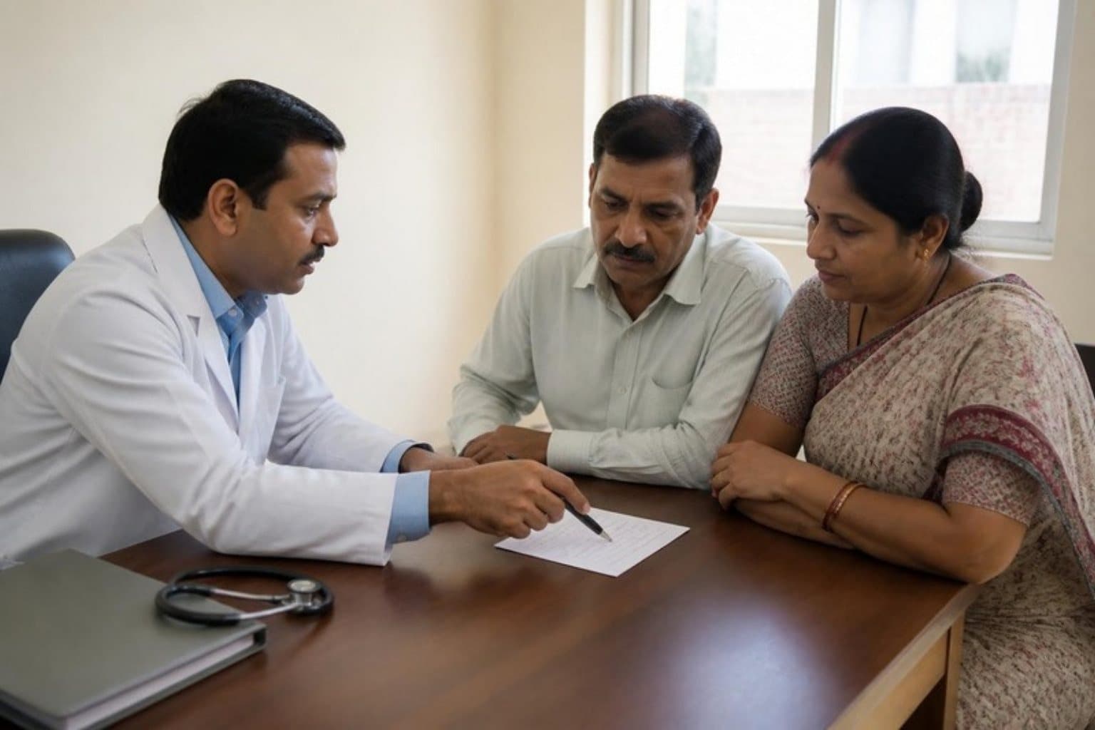 Representative image: a family doctor explaining a note to a couple at his desk